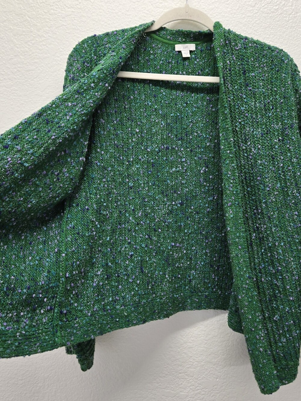 J. Jill Open Front Cardigan Sweater Green Confetti Tweed Textured Ribbed Long Sm - Picture 7 of 10